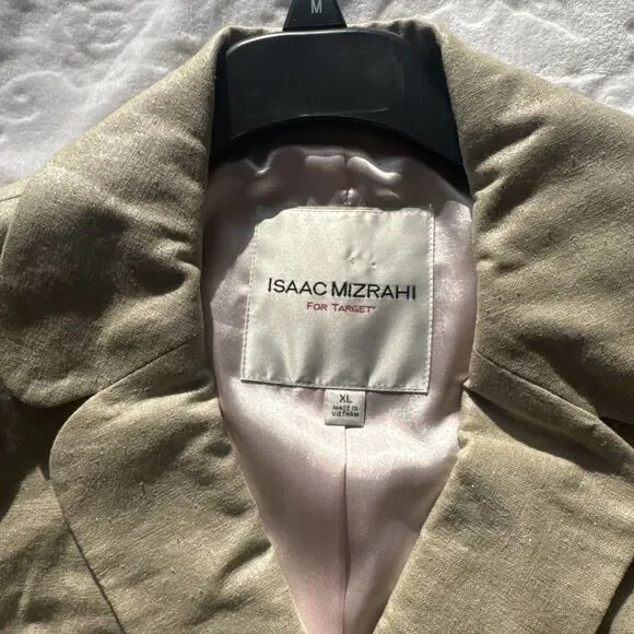Isaac Mizrahi Linen Trench Coat Beige Size XL Satin Lined Shimmer Long - Picture 14 of 16